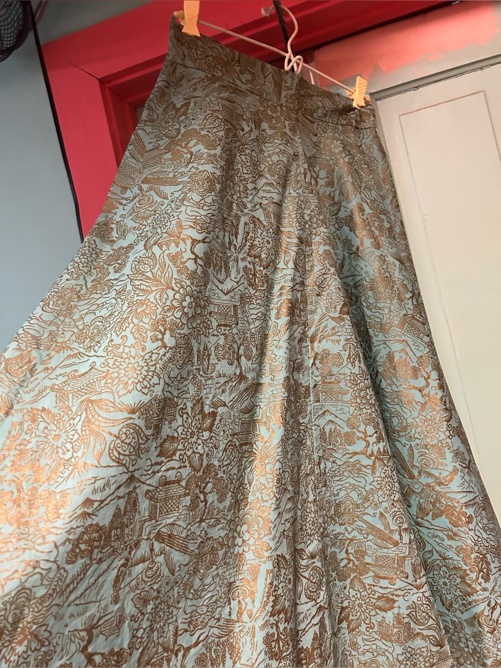 Womens Vintage Light Blue and Gold Brocade A-Line Skirt